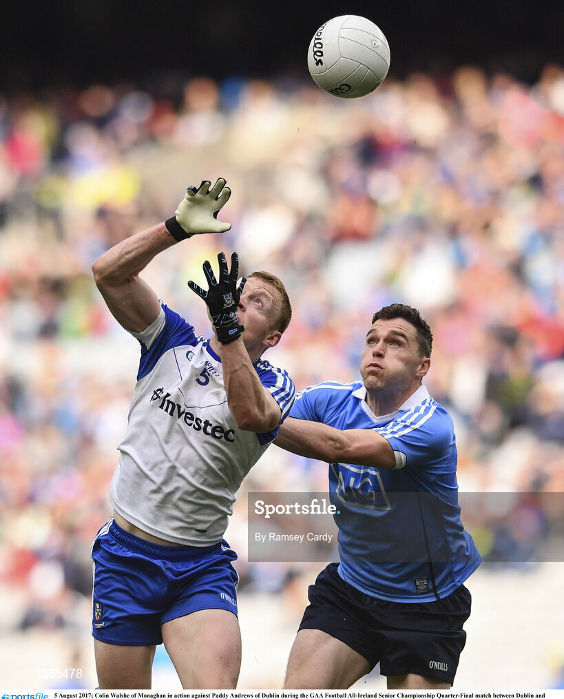 5 August 2017; Colin Walshe of Monaghan in action against Paddy Andrews of Dublin during the GAA Football All-Ireland Senior Championship Quarter-Final match between Dublin and Monaghan at Croke Park in Dublin. Photo by Ramsey Cardy/Sportsfile