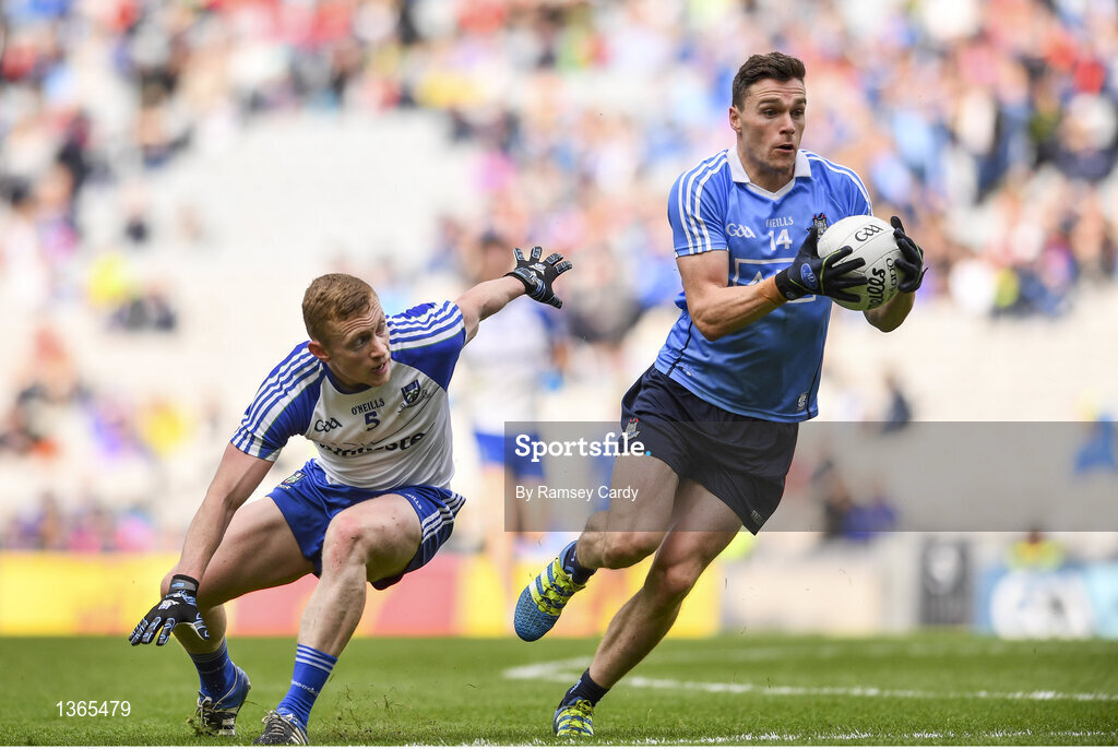 5 August 2017; Paddy Andrews of Dublin in action against Colin Walshe of Monaghan during the GAA Football All-Ireland Senior Championship Quarter-Final match between Dublin and Monaghan at Croke Park in Dublin. Photo by Ramsey Cardy/Sportsfile