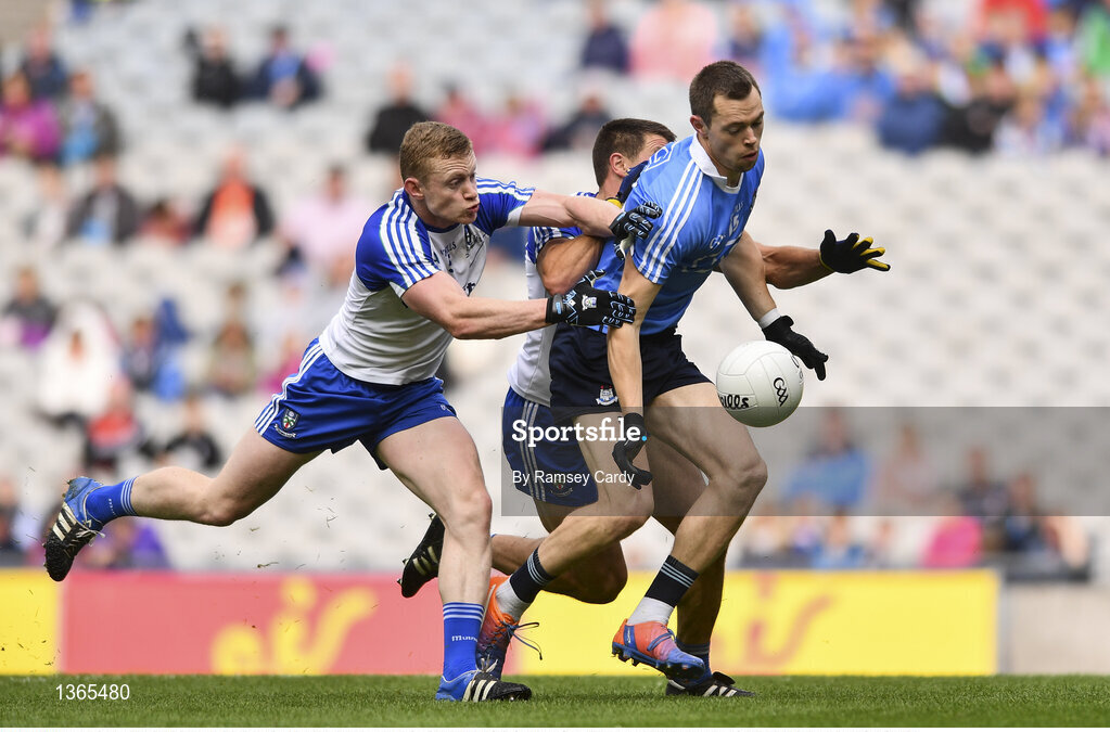 5 August 2017; Dean Rock of Dublin is tackled by Colin Walshe, left, and Drew Wylie of Monaghan during the GAA Football All-Ireland Senior Championship Quarter-Final match between Dublin and Monaghan at Croke Park in Dublin. Photo by Ramsey Cardy/Sportsfile