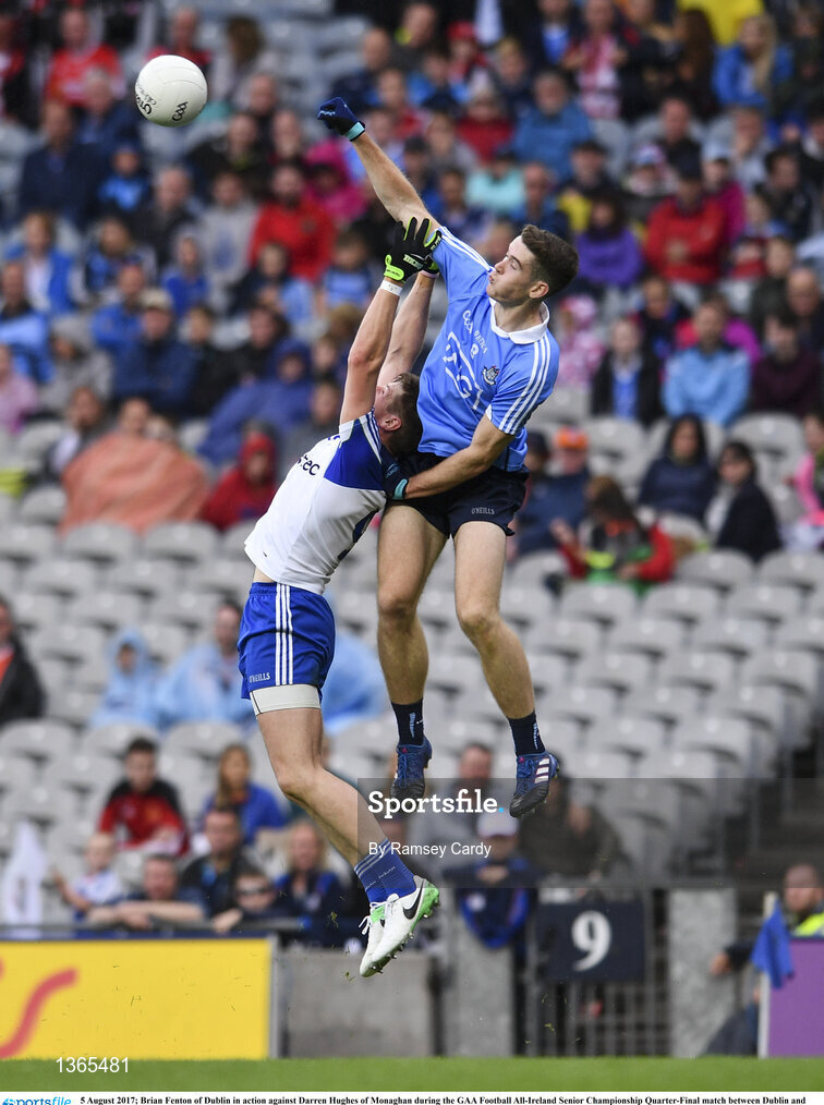 5 August 2017; Brian Fenton of Dublin in action against Darren Hughes of Monaghan during the GAA Football All-Ireland Senior Championship Quarter-Final match between Dublin and Monaghan at Croke Park in Dublin. Photo by Ramsey Cardy/Sportsfile