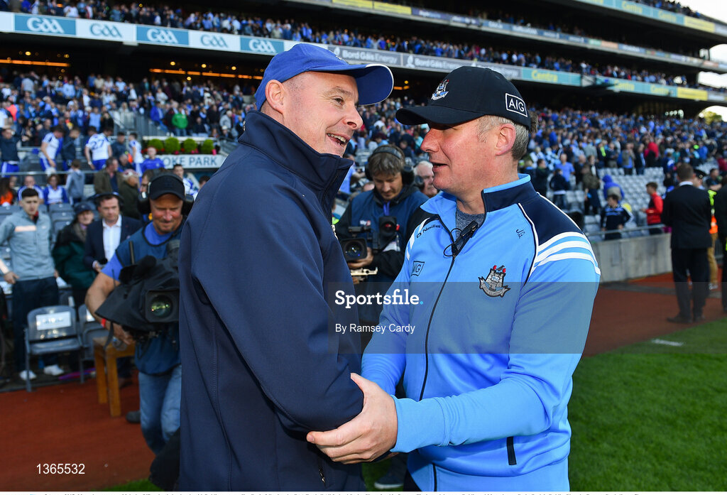 5 August 2017; Monaghan manager Malachy O'Rourke shakes hands with Dublin manager Jim Gavin following the GAA Football All-Ireland Senior Championship Quarter-Final match between Dublin and Monaghan at Croke Park in Dublin. Photo by Ramsey Cardy/Sportsfile