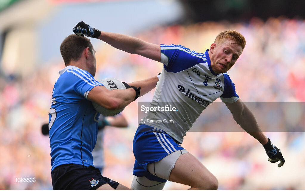 5 August 2017; Dean Rock of Dublin is tackled by Kieran Hughes of Monaghan during the GAA Football All-Ireland Senior Championship Quarter-Final match between Dublin and Monaghan at Croke Park in Dublin. Photo by Ramsey Cardy/Sportsfile
