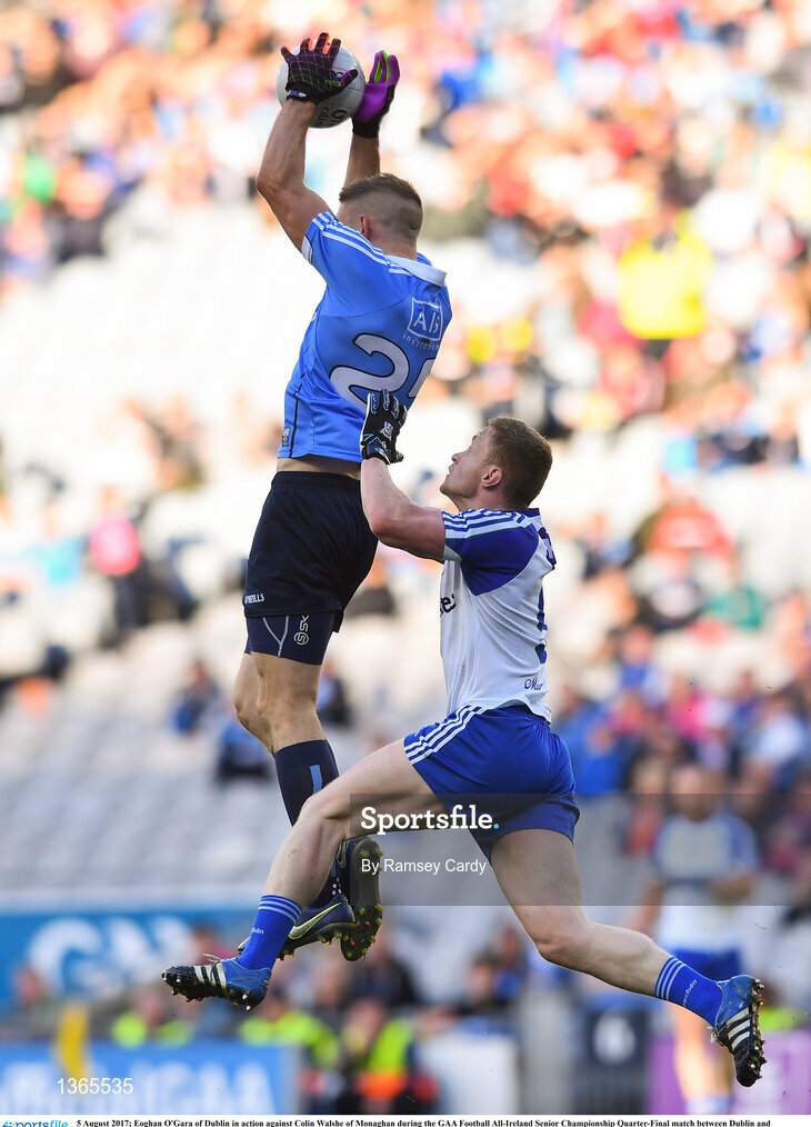 5 August 2017; Eoghan O'Gara of Dublin in action against Colin Walshe of Monaghan during the GAA Football All-Ireland Senior Championship Quarter-Final match between Dublin and Monaghan at Croke Park in Dublin. Photo by Ramsey Cardy/Sportsfile
