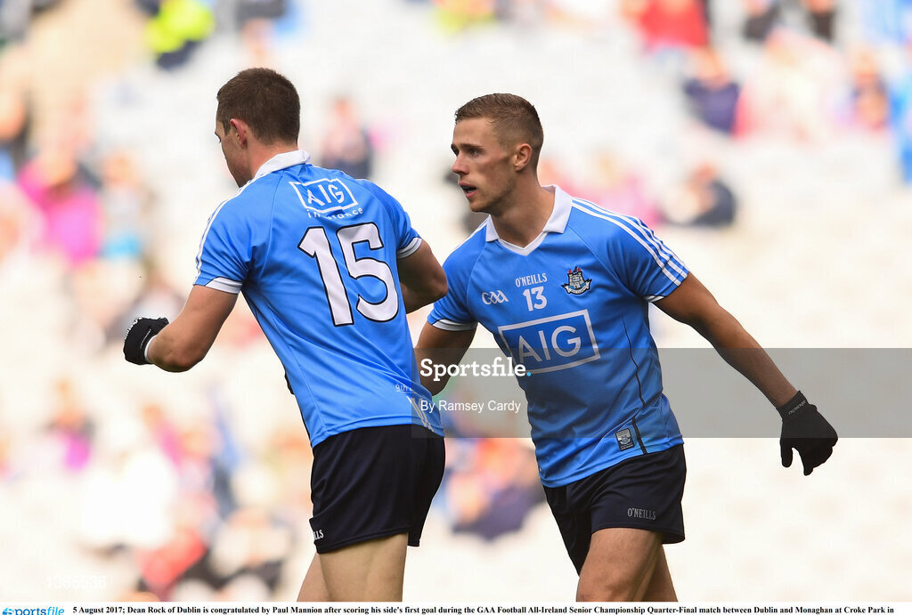 5 August 2017; Dean Rock of Dublin is congratulated by Paul Mannion after scoring his side's first goal during the GAA Football All-Ireland Senior Championship Quarter-Final match between Dublin and Monaghan at Croke Park in Dublin. Photo by Ramsey Cardy/Sportsfile