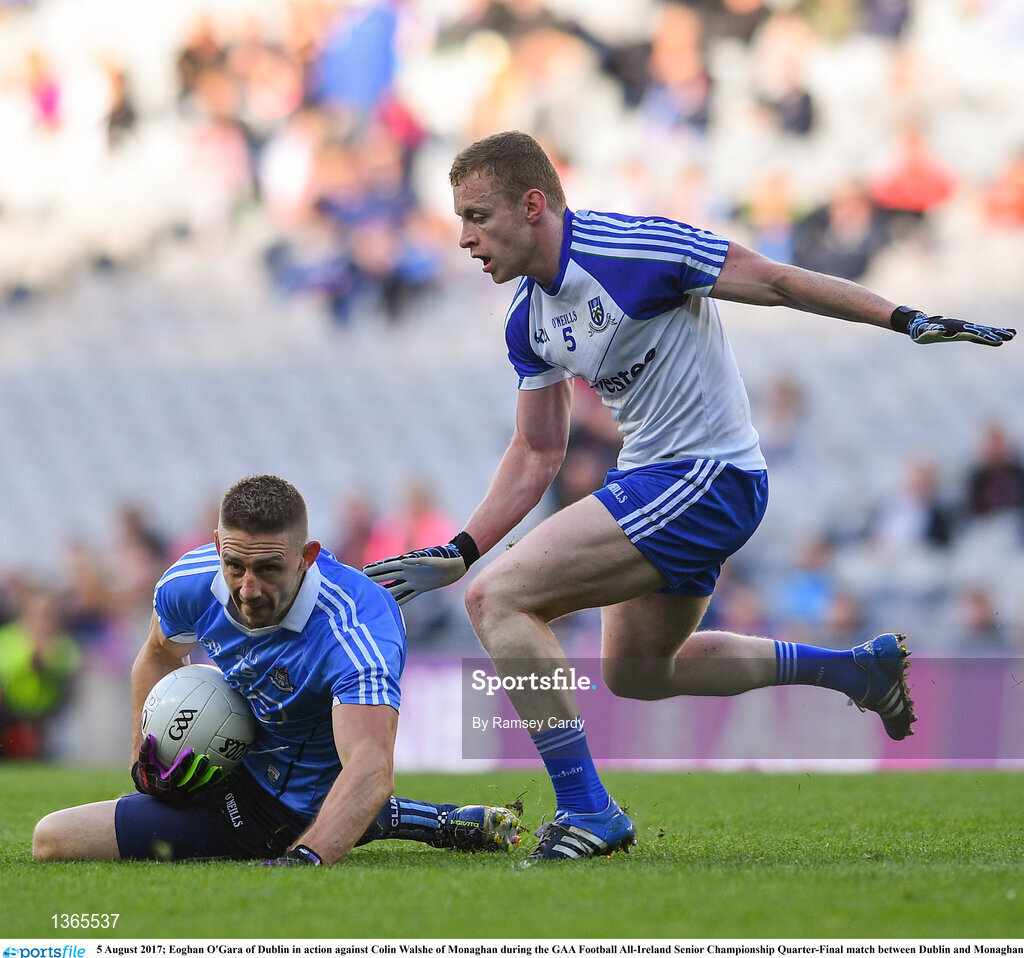 5 August 2017; Eoghan O'Gara of Dublin in action against Colin Walshe of Monaghan during the GAA Football All-Ireland Senior Championship Quarter-Final match between Dublin and Monaghan at Croke Park in Dublin. Photo by Ramsey Cardy/Sportsfile
