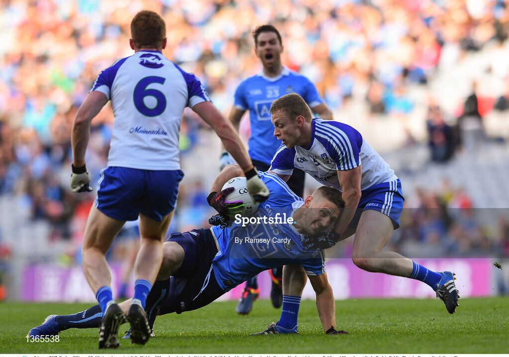 5 August 2017; Eoghan O'Gara of Dublin in action against Colin Walshe of Monaghan during the GAA Football All-Ireland Senior Championship Quarter-Final match between Dublin and Monaghan at Croke Park in Dublin. Photo by Ramsey Cardy/Sportsfile