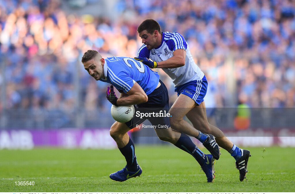 5 August 2017; Eoghan O'Gara of Dublin in action against Drew Wylie of Monaghan during the GAA Football All-Ireland Senior Championship Quarter-Final match between Dublin and Monaghan at Croke Park in Dublin. Photo by Ramsey Cardy/Sportsfile