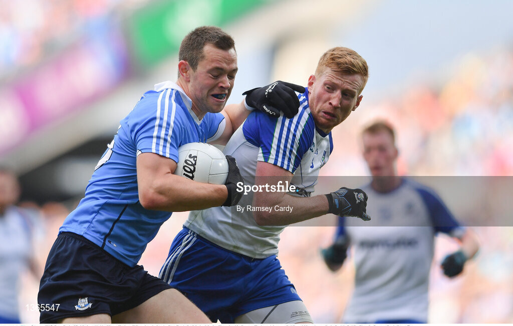 5 August 2017; Dean Rock of Dublin is tackled by Kieran Hughes of Monaghan during the GAA Football All-Ireland Senior Championship Quarter-Final match between Dublin and Monaghan at Croke Park in Dublin. Photo by Ramsey Cardy/Sportsfile