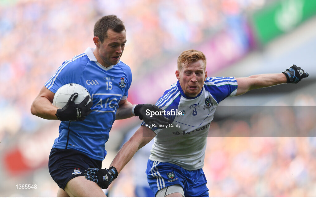 5 August 2017; Dean Rock of Dublin is tackled by Kieran Hughes of Monaghan during the GAA Football All-Ireland Senior Championship Quarter-Final match between Dublin and Monaghan at Croke Park in Dublin. Photo by Ramsey Cardy/Sportsfile