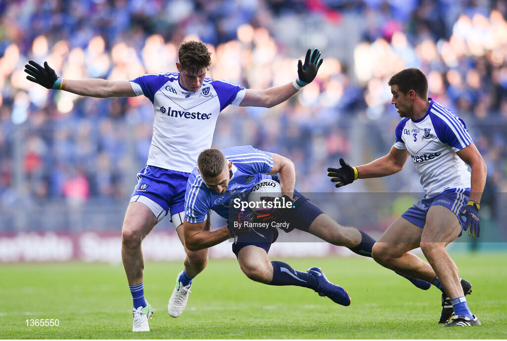 5 August 2017; Eoghan O'Gara of Dublin in action against Darren Hughes, left, and Drew Wylie of Monaghan during the GAA Football All-Ireland Senior Championship Quarter-Final match between Dublin and Monaghan at Croke Park in Dublin. Photo by Ramsey Cardy/Sportsfile