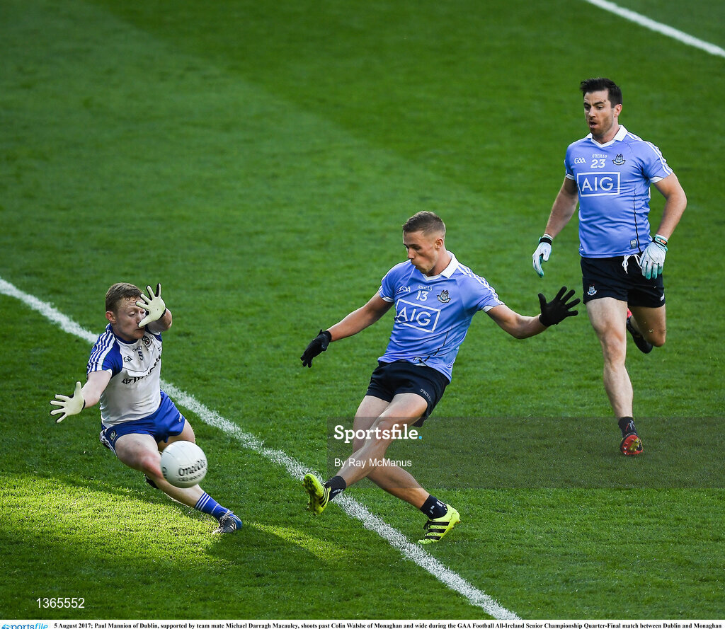 5 August 2017; Paul Mannion of Dublin, supported by team mate Michael Darragh Macauley, shoots past Colin Walshe of Monaghan and wide during the GAA Football All-Ireland Senior Championship Quarter-Final match between Dublin and Monaghan at Croke Park in Dublin. Photo by Ray McManus/Sportsfile