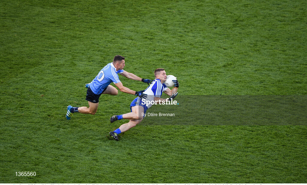5 August 2017; Dermot Malone of Monaghan in action against Darren Daly of Dublin during the GAA Football All-Ireland Senior Championship Quarter-Final match between Dublin and Monaghan at Croke Park in Dublin. Photo by Daire Brennan/Sportsfile