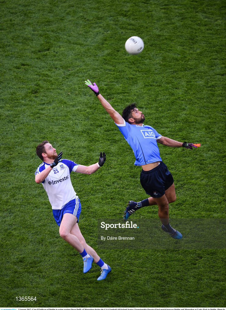 5 August 2017; Cian O'Sullivan of Dublin in action against Owen Duffy of Monaghan during the GAA Football All-Ireland Senior Championship Quarter-Final match between Dublin and Monaghan at Croke Park in Dublin. Photo by Daire Brennan/Sportsfile