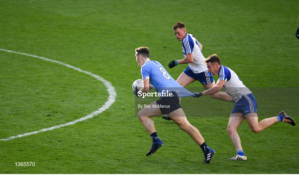 5 August 2017; Brian Fenton of Dublin in action against Fintan Kelly of Monaghan and Ryan McAnespie, centre, during the GAA Football All-Ireland Senior Championship Quarter-Final match between Dublin and Monaghan at Croke Park in Dublin. Photo by Ray McManus/Sportsfile