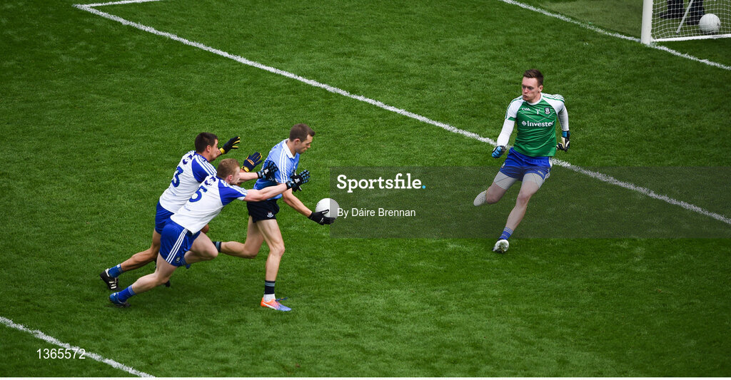 5 August 2017; Dean Rock of Dublin in action against Drew Wylie, left, and Colin Walshe of Monaghan during the GAA Football All-Ireland Senior Championship Quarter-Final match between Dublin and Monaghan at Croke Park in Dublin. Photo by Daire Brennan/Sportsfile