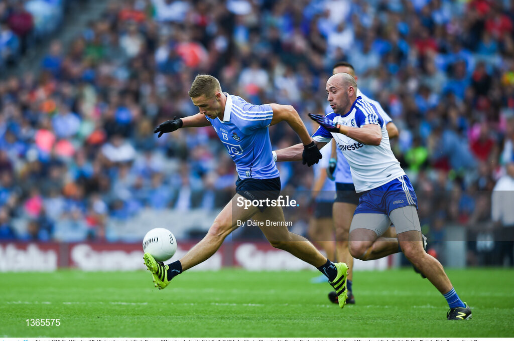 5 August 2017; Paul Mannion of Dublin in action against Gavin Doogan of Monaghan during the GAA Football All-Ireland Senior Championship Quarter-Final match between Dublin and Monaghan at Croke Park in Dublin. Photo by Daire Brennan/Sportsfile