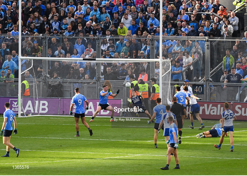 5 August 2017; Dublin goalkeeper and captain Stephen Cluxton makes a save from Monaghan's Jack McCarron shot, in the 47th minute, during the GAA Football All-Ireland Senior Championship Quarter-Final match between Dublin and Monaghan at Croke Park in Dublin. Photo by Ray McManus/Sportsfile