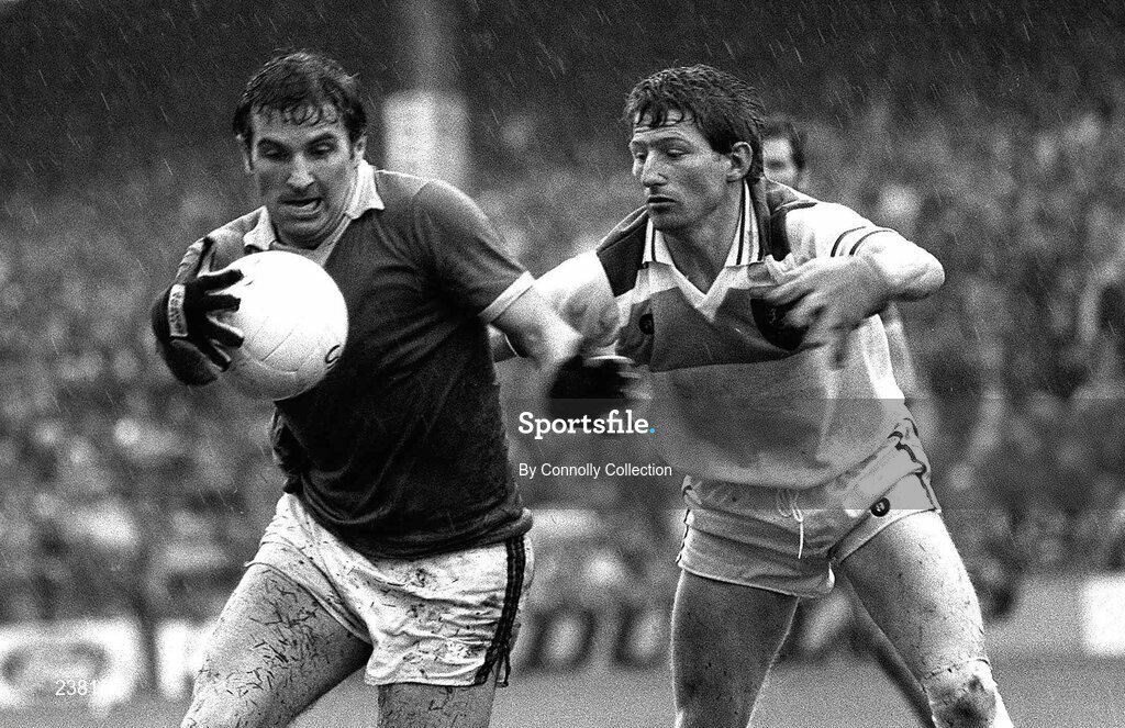 19 September 1982; John Egan of Kerry in action against Pat Fitzgerald of Offaly during the All-Ireland Footbal Final match between Offaly adn Kerry at Croke Park, Dublin. Photo by Connolly Collection/Sportsfile