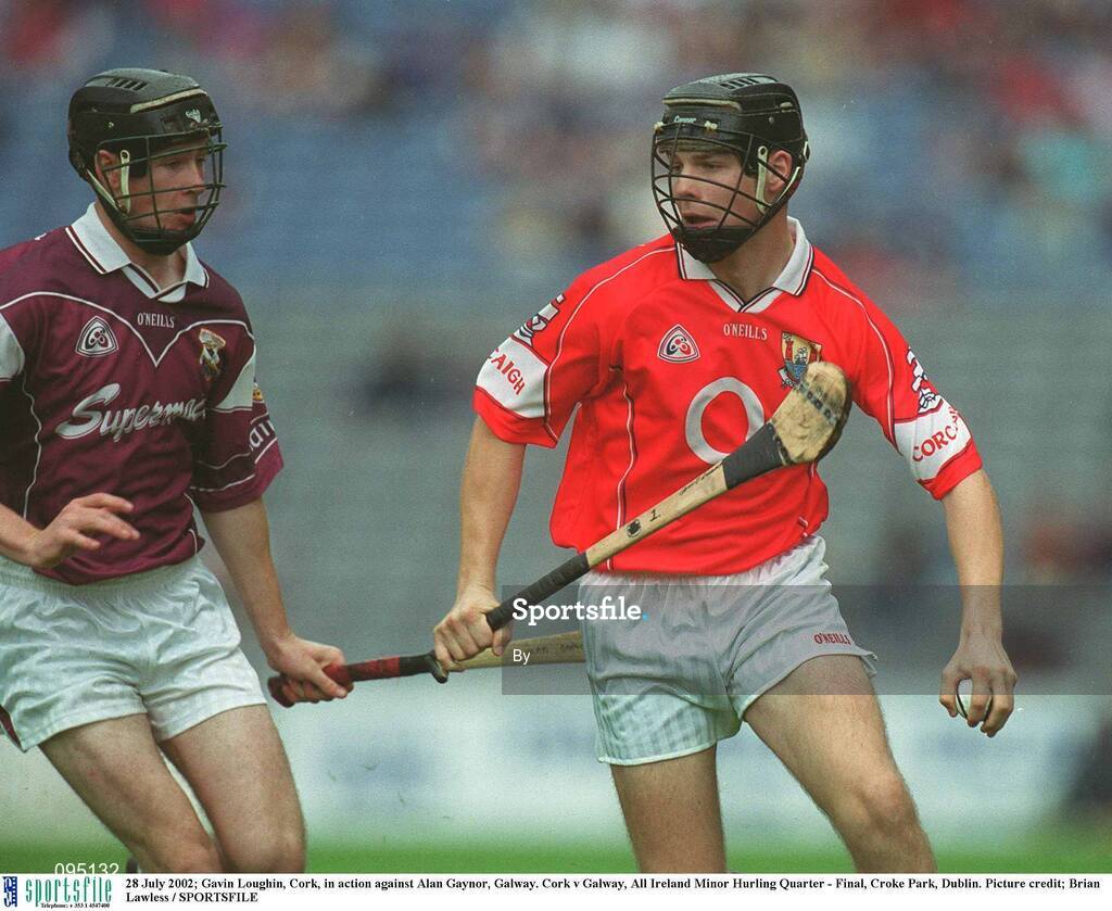 28 July 2002; Gavin Loughin, Cork, in action against Alan Gaynor, Galway. Cork v Galway, All Ireland Minor Hurling Quarter - Final, Croke Park, Dublin. Picture credit; Brian Lawless / SPORTSFILE