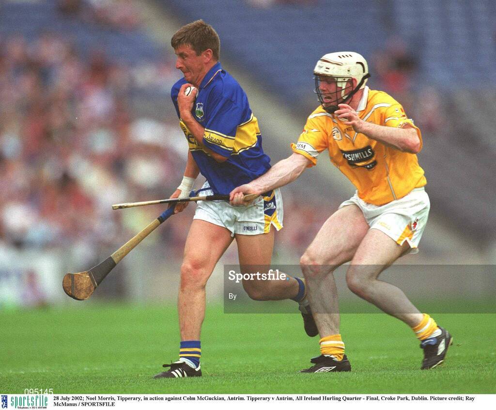 28 July 2002; Noel Morris, Tipperary, in action against Colm McGuckian, Antrim. Tipperary v Antrim, All Ireland Hurling Quarter - Final, Croke Park, Dublin. Picture credit; Ray McManus / SPORTSFILE