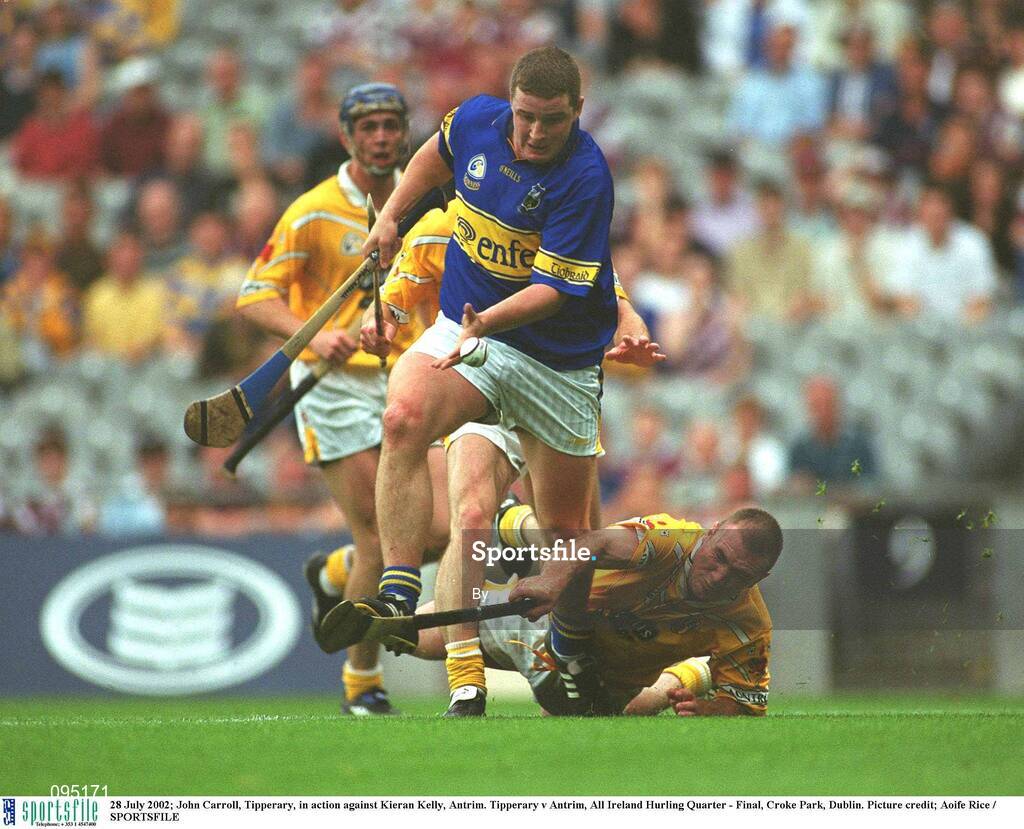 28 July 2002; John Carroll, Tipperary, in action against Kieran Kelly, Antrim. Tipperary v Antrim, All Ireland Hurling Quarter - Final, Croke Park, Dublin. Picture credit; Aoife Rice / SPORTSFILE