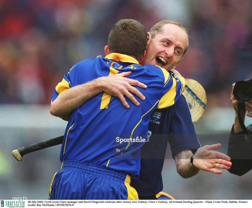 28 July 2002; Cyril Lyons Clare manager and David Fitzgerald celebrate after victory over Galway. Clare v Galway, All Ireland Hurling Quarter - Final, Croke Park, Dublin. Picture credit; Ray McManus / SPORTSFILE
