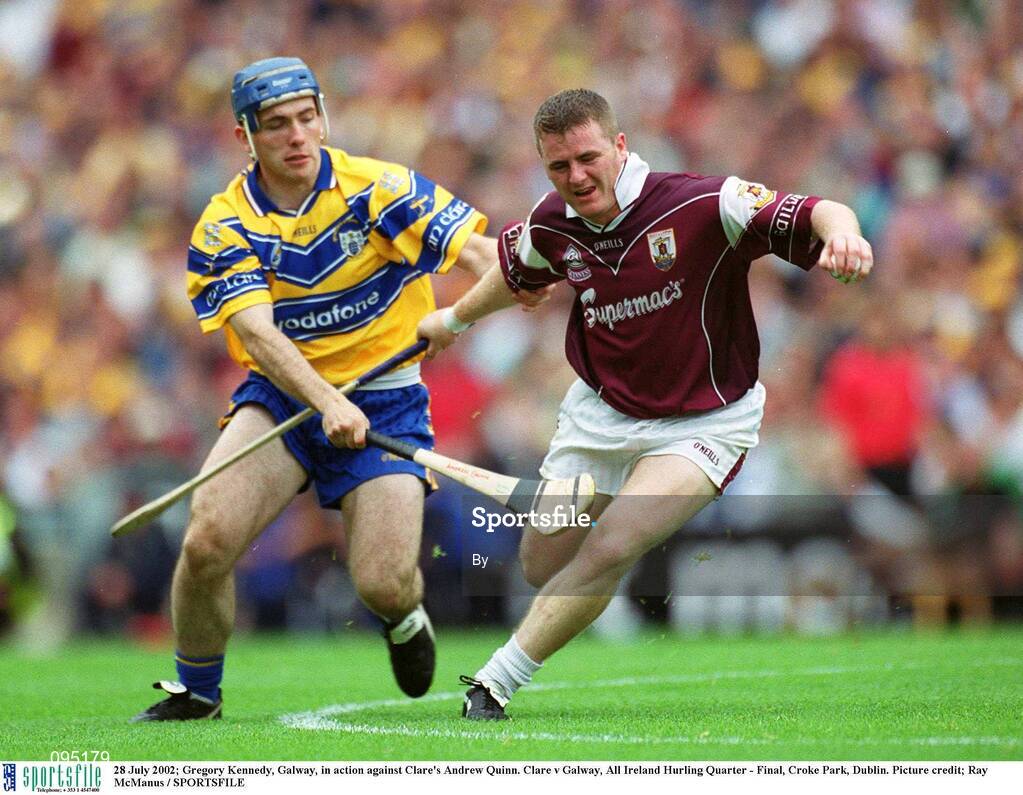 28 July 2002; Gregory Kennedy, Galway, in action against Clare's Andrew Quinn. Clare v Galway, All Ireland Hurling Quarter - Final, Croke Park, Dublin. Picture credit; Ray McManus / SPORTSFILE