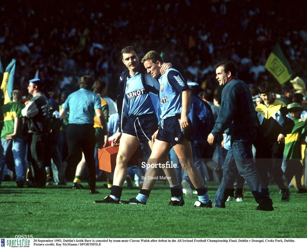 20 September 1992; Keith Barr of Dublin, right, is consoled by teammate Ciaran Walsh after the All Ireland Senior Football Championship Final match between Dublin and Donegal at Croke Park, Dublin. Photo by Ray McManus/Sportsfile