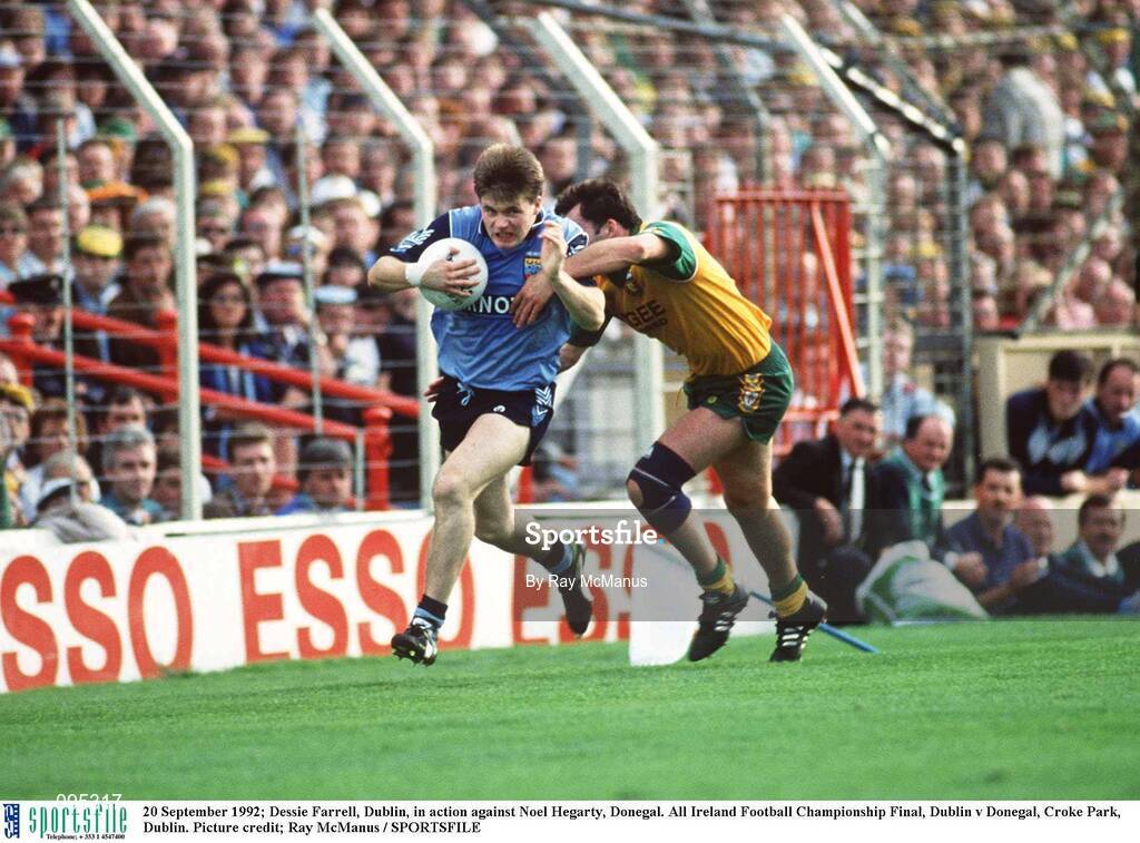20 September 1992; Dessie Farrell of Dublin in action against Noel Hegarty of  Donegal during the All Ireland Senior Football Championship Final match between Dublin and Donegal at Croke Park, Dublin. Photo by Ray McManus/Sportsfile
