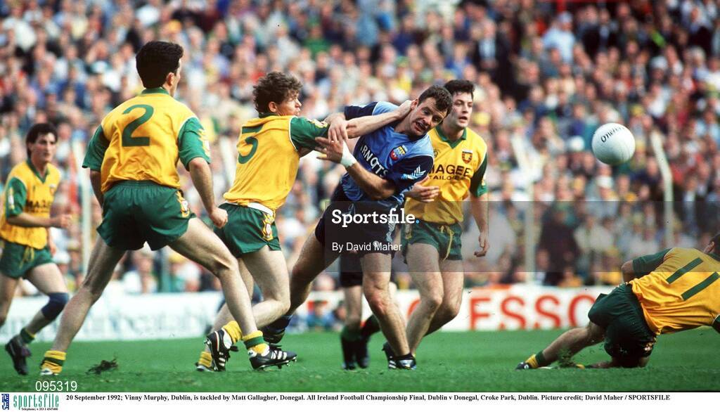20 September 1992; Vinny Murphy of Dublin is tackled by Matt Gallagher of Donegal during the All Ireland Senior Football Championship Final match between Dublin and Donegal at Croke Park, Dublin. Photo by David Maher/Sportsfile