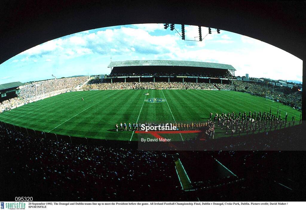 20 September 1992; A general view of Croke Park, taken from the Hogan Stand, as the teams and officials line up ahead of the All-Ireland Senior Football Championship Final between Donegal and Dublin at Croke Park in Dublin. Photo by David Maher/Sportsfile