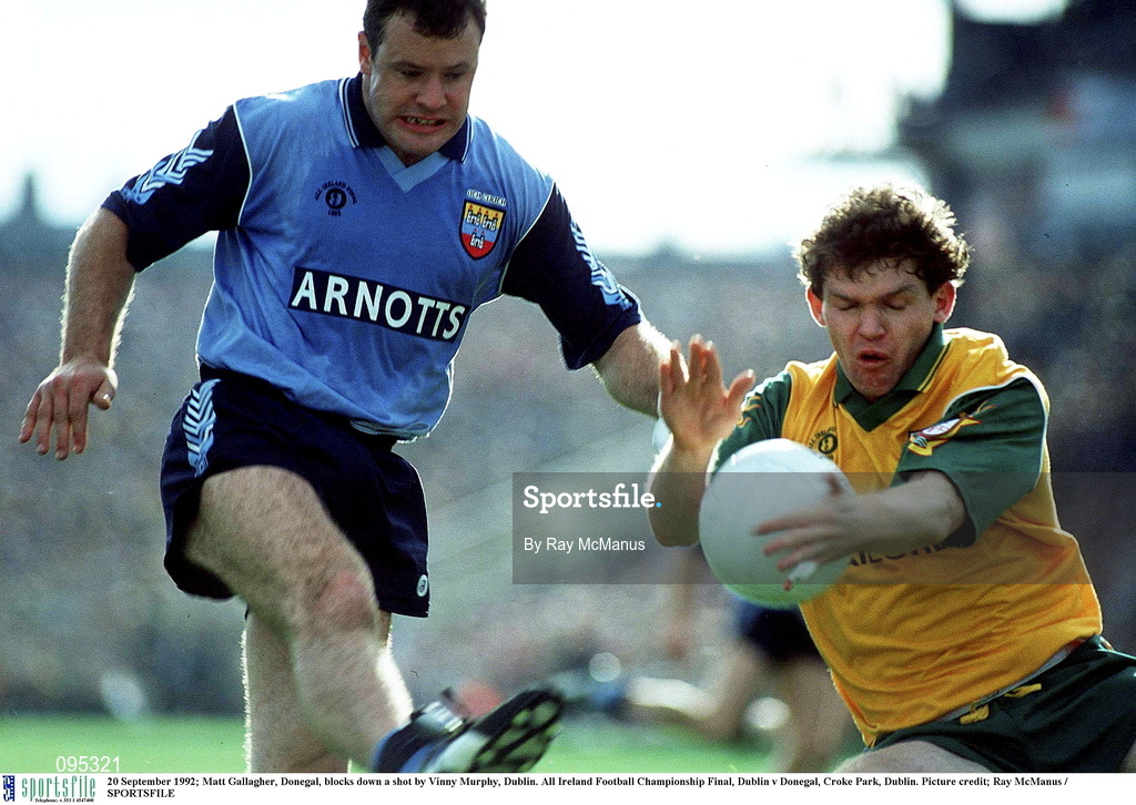 20 September 1992; Matt Gallagher of Donegal blocks down a shot by Vinny Murphy of Dublin during the All Ireland Senior Football Championship Final match between Dublin and Donegal at Croke Park, Dublin. Photo by Ray McManus/Sportsfile