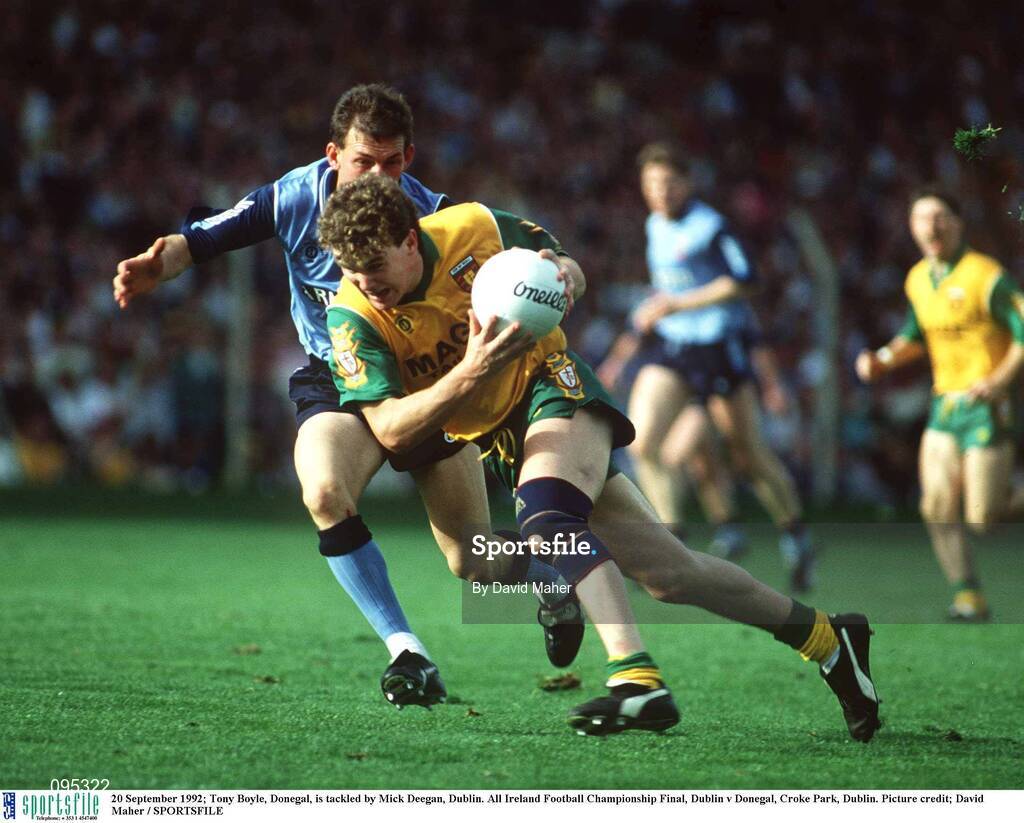 20 September 1992; Tony Boyle of Donegal is tackled by Mick Deegan of Dublin during the All Ireland Senior Football Championship Final match between Dublin and Donegal at Croke Park, Dublin. Photo by David Maher/Sportsfile