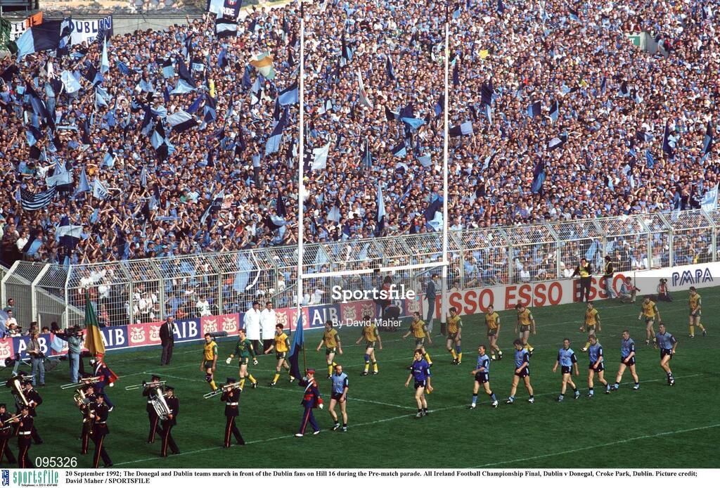 20 September 1992; The Donegal and Dublin teams march in front of the Dublin fans on Hill 16 during the Pre-match parade before the All Ireland Senior Football Championship Final match between Dublin and Donegal at Croke Park, Dublin. Photo by David Maher/Sportsfile
