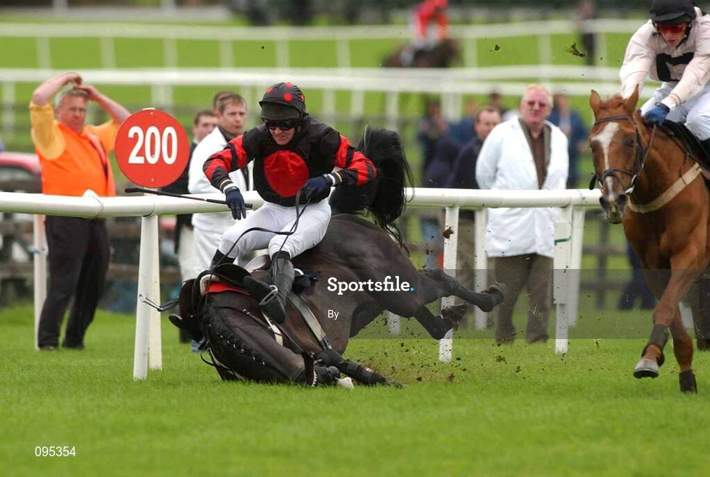 31 July 2002; Hip Pocket, with jockey Barry Geraghty falls as Teknash, with Niall Madden Jnr. up, runs on to win the HP Software Acquisition Handicap Hurdle, Galway Races, Ballybrit, Co. Galway, horse racing. Picture credit; Damien Eagers / SPORTSFILE *EDI*