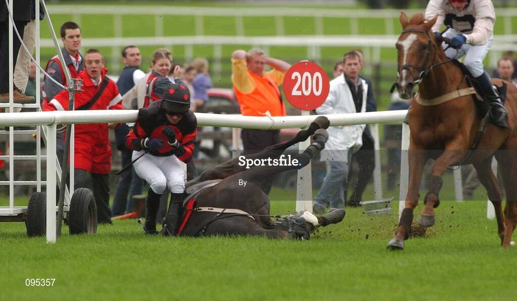 31 July 2002; Hip Pocket, left, with jockey Barry Geraghty falls as Teknash with Niall Madden Jnr. up, runs on to win the HP Software Acquisition Handicap Hurdle, Galway Races, Ballybrit, Co. Galway, horse racing. Picture credit; Damien Eagers / SPORTSFILE *EDI*
