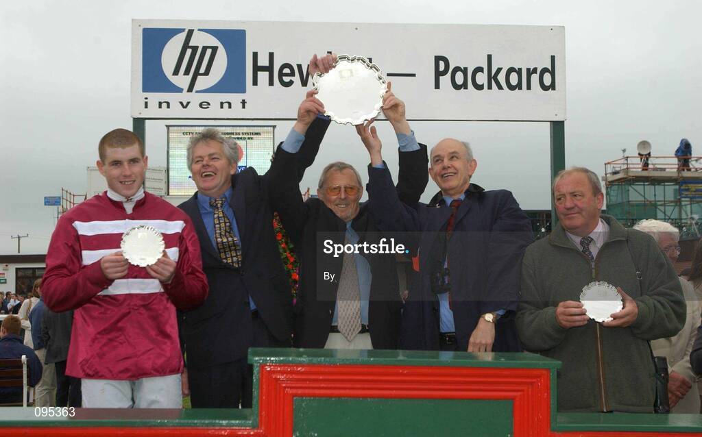 31 July 2002; Winning jockey Keith Hadnett pictured with the owners Gerry McMahon, Martin Cuddy, Hugh Breddon and trainer Michael Hourigan after winning the Hewlett-Packard Galway Plate. Galway Races, Ballybrit, Co. Galway. Horse Racing. Picture credit; Matt Browne / SPORTSFILE*EDI*