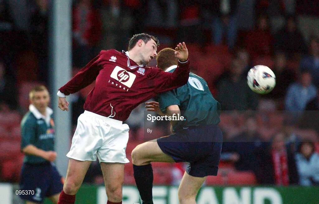31 July 2002; Colm Foley, St Patrick's Athletic, in action against David Goldbey, Galway United. Galway United v St Patrick's Athletic, FAI Cup second round replay, Terryland Park, Co. Galway. Soccer. Picture credit; Damien Eagers / SPORTSFILE *EDI*