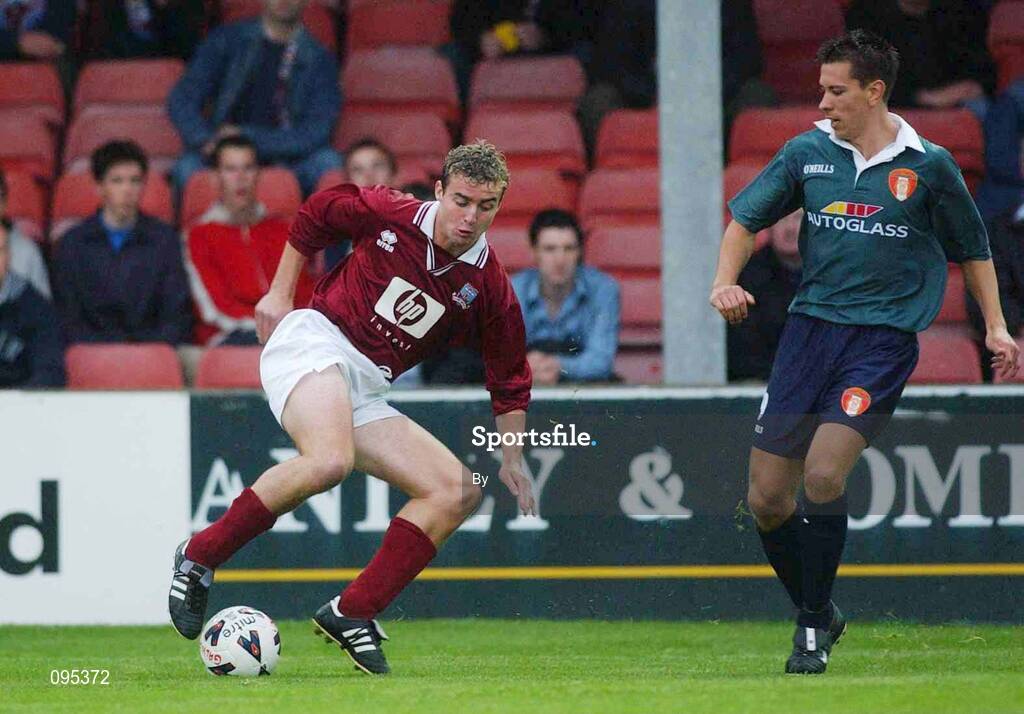 31 July 2002; Derek O'Brien, Galway United, in action against Willie Burke, St Patrick's Athletic. Galway United v St Patrick's Athletic, FAI Cup second round replay, Terryland Park, Co. Galway. Soccer. Picture credit; Damien Eagers / SPORTSFILE *EDI*