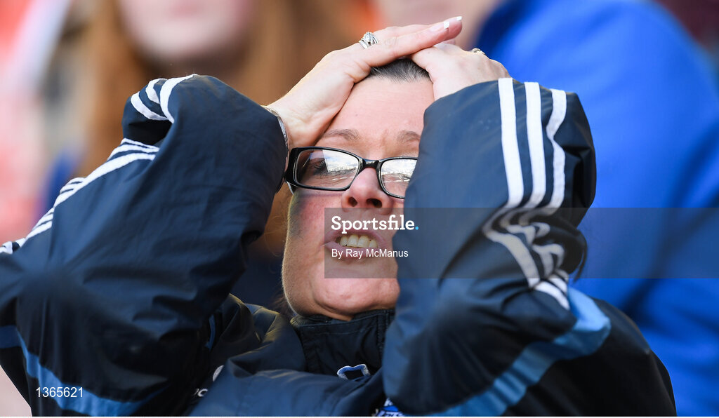 5 August 2017; A Dublin supporter, in the Cusack Stand, watches the second half of the GAA Football All-Ireland Senior Championship Quarter-Final match between Dublin and Monaghan at Croke Park in Dublin. Photo by Ray McManus/Sportsfile