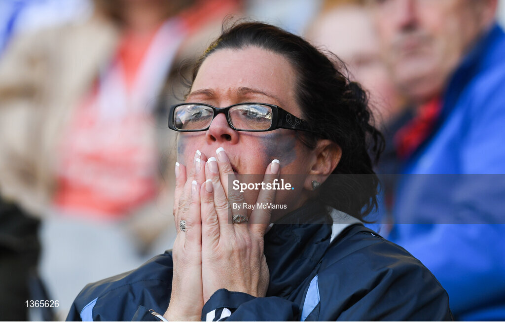 5 August 2017; A Dublin supporter, in the Cusack Stand, watches the second half of the GAA Football All-Ireland Senior Championship Quarter-Final match between Dublin and Monaghan at Croke Park in Dublin. Photo by Ray McManus/Sportsfile