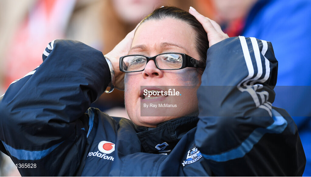5 August 2017; A Dublin supporter, in the Cusack Stand, watches the second half of the GAA Football All-Ireland Senior Championship Quarter-Final match between Dublin and Monaghan at Croke Park in Dublin. Photo by Ray McManus/Sportsfile