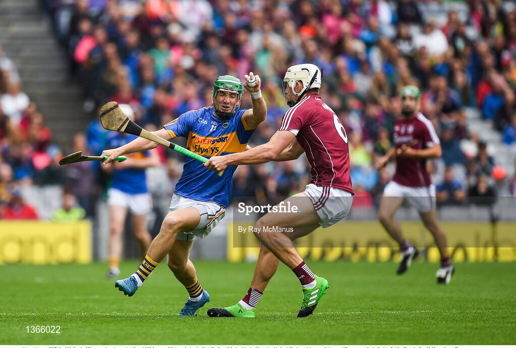 6 August 2017; Noel McGrath of Tipperary in action against Gearoid McInerney of Galway during the GAA Hurling All-Ireland Senior Championship Semi-Final match between Galway and Tipperary at Croke Park in Dublin. Photo by Ray McManus/Sportsfile