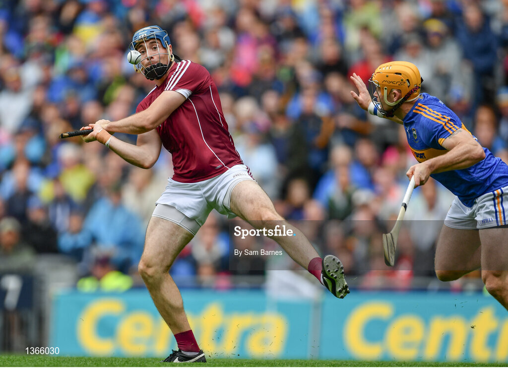 6 August 2017; Conor Cooney of Galway scores a point despite the attentions of Padraic Maher of Tipperary during the GAA Hurling All-Ireland Senior Championship Semi-Final match between Galway and Tipperary at Croke Park in Dublin. Photo by Sam Barnes/Sportsfile