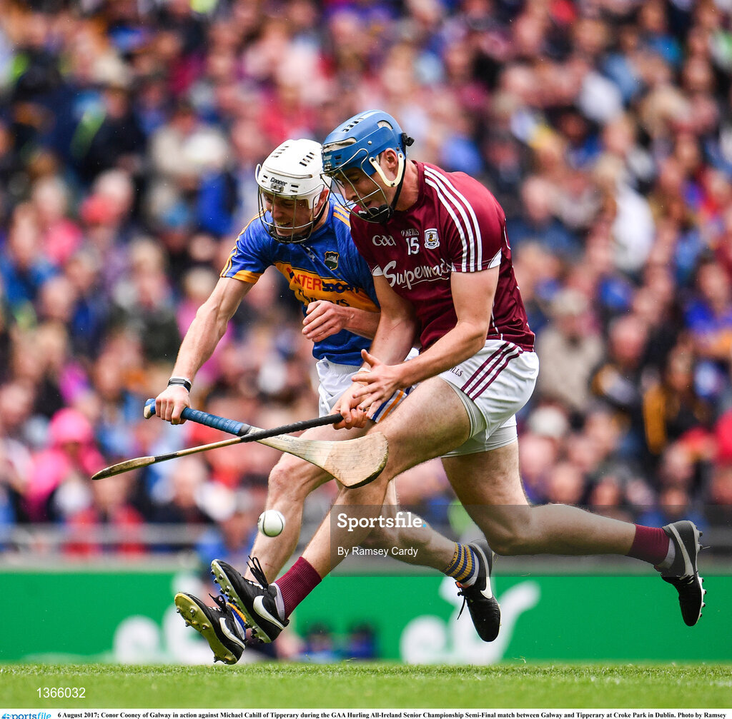 6 August 2017; Conor Cooney of Galway in action against Michael Cahill of Tipperary during the GAA Hurling All-Ireland Senior Championship Semi-Final match between Galway and Tipperary at Croke Park in Dublin. Photo by Ramsey Cardy/Sportsfile