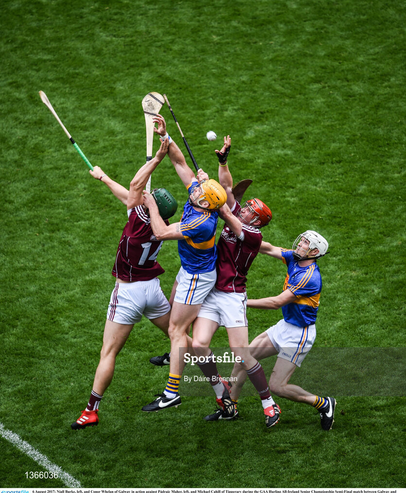 6 August 2017; Niall Burke, left, and Conor Whelan of Galway in action against Pádraic Maher, left, and Michael Cahill of Tipperary during the GAA Hurling All-Ireland Senior Championship Semi-Final match between Galway and Tipperary at Croke Park in Dublin. Photo by Daire Brennan/Sportsfile