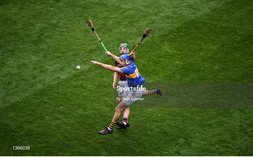 6 August 2017; John McGrath of Tipperary in action against Adrian Tuohey of Galway during the GAA Hurling All-Ireland Senior Championship Semi-Final match between Galway and Tipperary at Croke Park in Dublin. Photo by Daire Brennan/Sportsfile