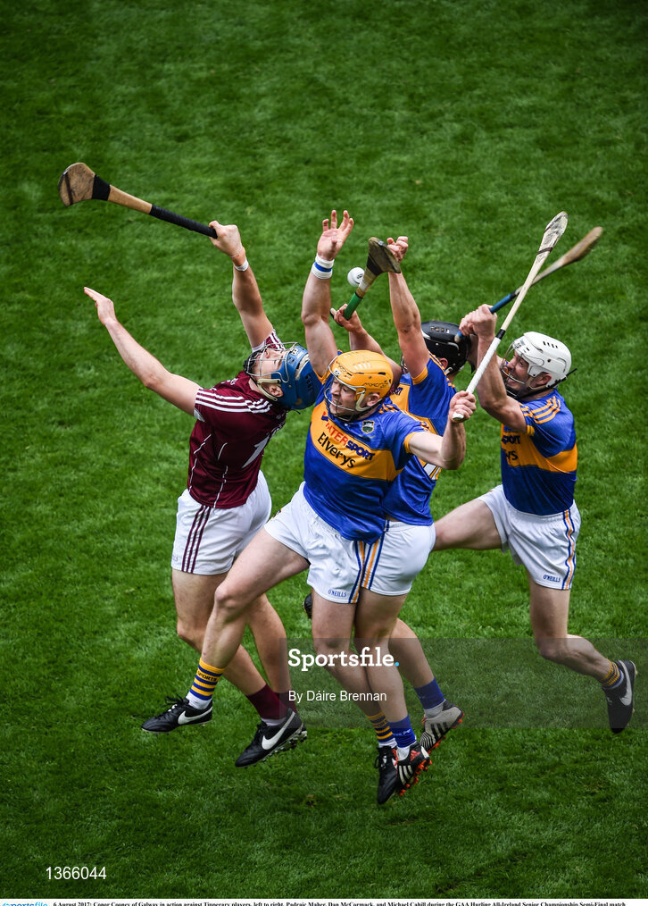 6 August 2017; Conor Cooney of Galway in action against Tipperary players, left to right, Padraic Maher, Dan McCormack, and Michael Cahill during the GAA Hurling All-Ireland Senior Championship Semi-Final match between Galway and Tipperary at Croke Park in Dublin. Photo by Daire Brennan/Sportsfile