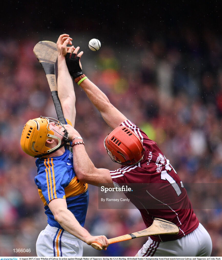6 August 2017; Conor Whelan of Galway in action against Donagh Maher of Tipperary during the GAA Hurling All-Ireland Senior Championship Semi-Final match between Galway and Tipperary at Croke Park in Dublin. Photo by Ramsey Cardy/Sportsfile