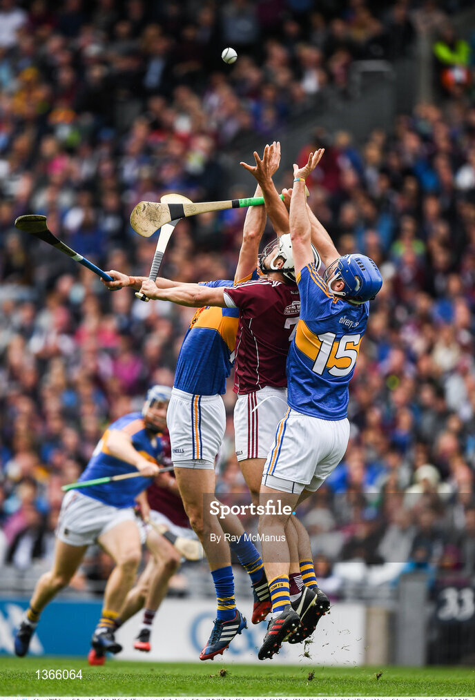 6 August 2017; Seamus Callanan, left, and John McGrath of Tipperary contest for the dropping sliothar with Daithi Burke of Galway during the GAA Hurling All-Ireland Senior Championship Semi-Final match between Galway and Tipperary at Croke Park in Dublin. Photo by Ray McManus/Sportsfile